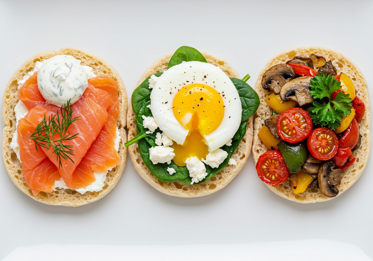 A top-down view of three different healthy English muffin appetizers side-by-side on a white plate, showing distinct toppings.