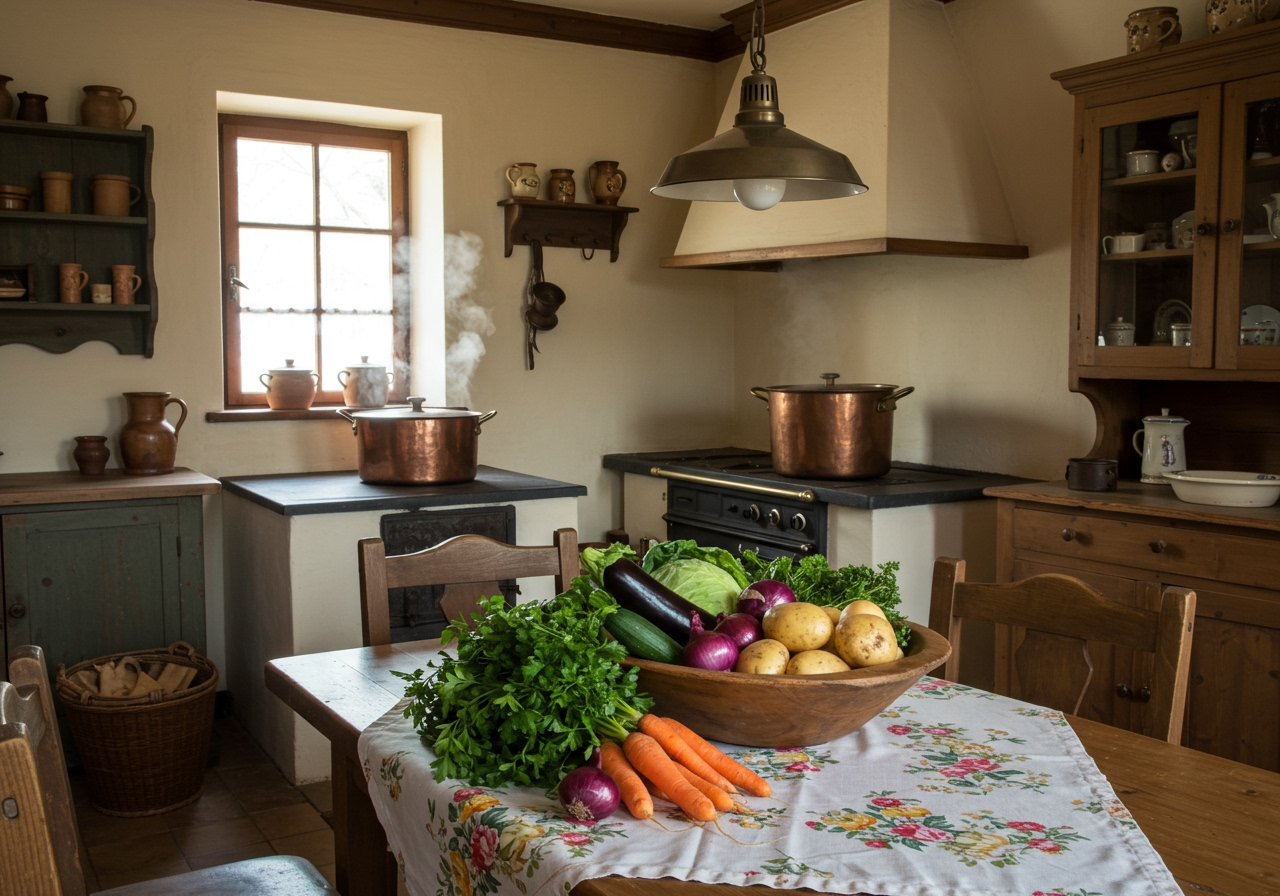 A traditional German kitchen scene, maybe showing fresh vegetables or cooking pots