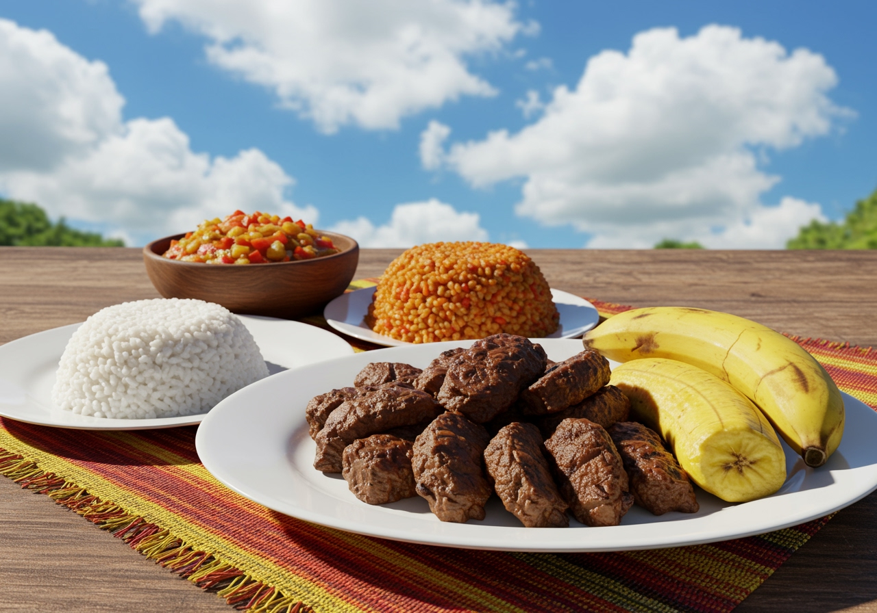 A traditional Haitian meal setting with Griot, Pikliz, Riz collé ak pwa, and Banann Peze