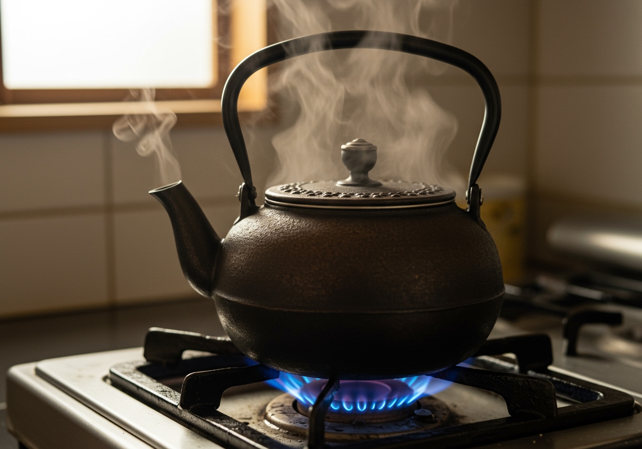 A traditional Japanese kettle simmering on a stovetop, with steam gently rising, implying barley tea is being brewed.