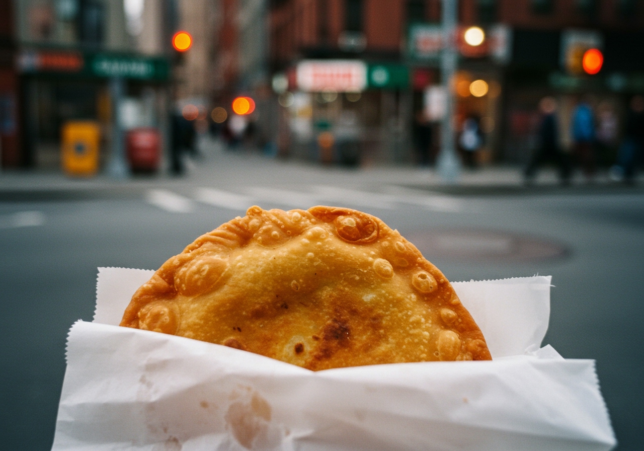 A traditional round potato knish served in a paper bag on a street corner in New York City