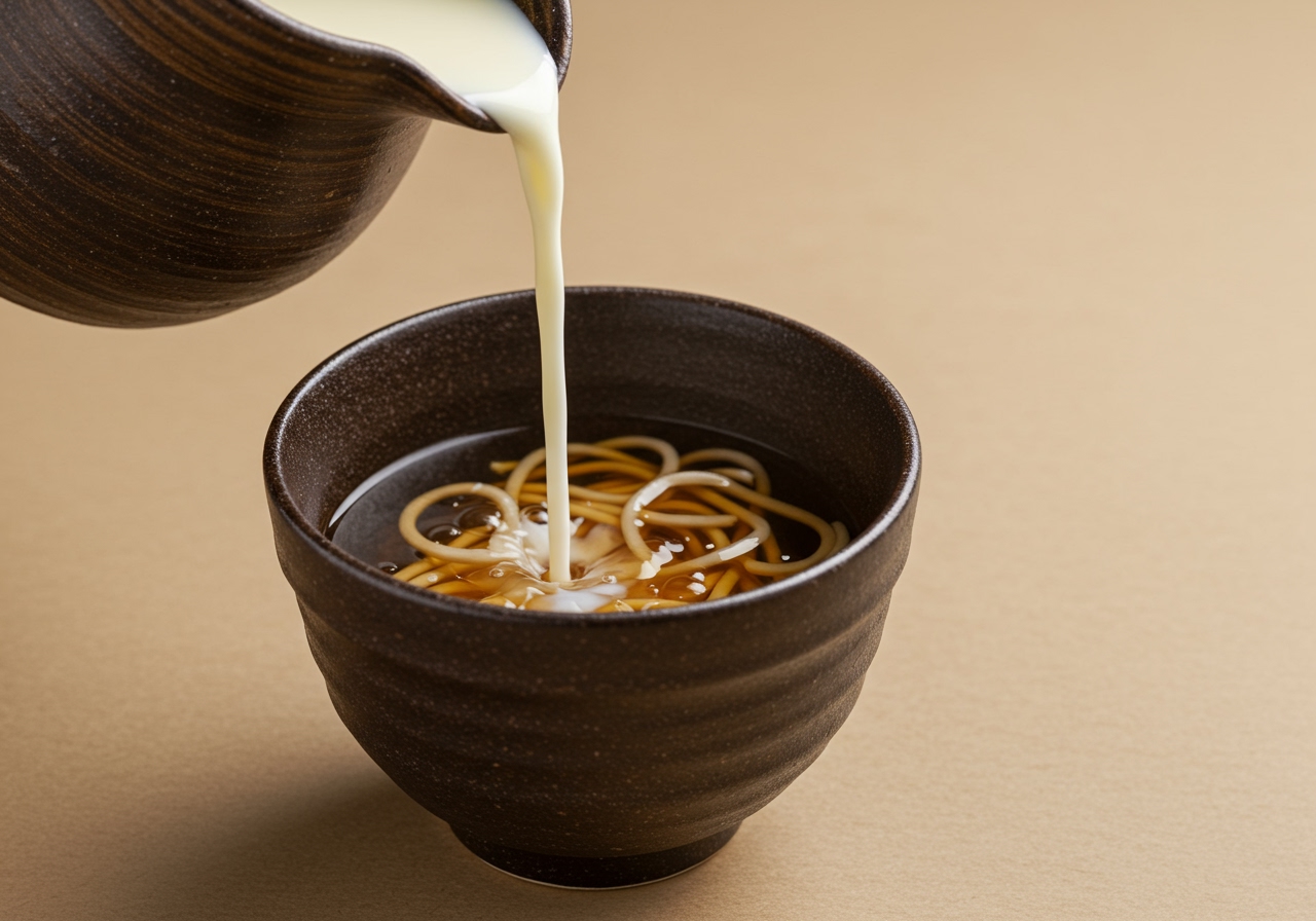 A traditional soba cup (choko) filled with diluted tsuyu and a stream of thick sobayu being poured into it from a small pot.