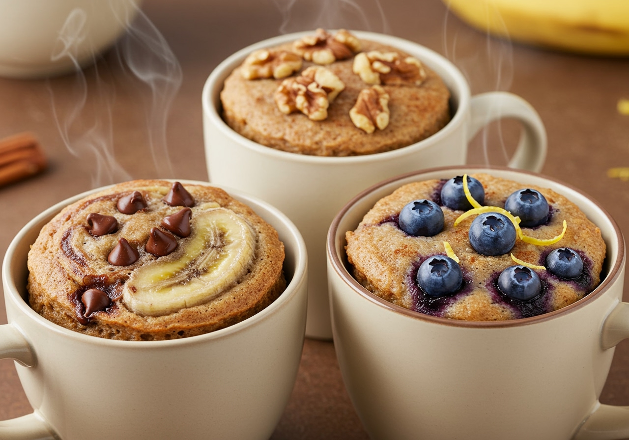 A trio of different banana bread mug cakes, each with a different topping or mix-in visible (e.g., chocolate chips, nuts, berries), showcasing variations.
