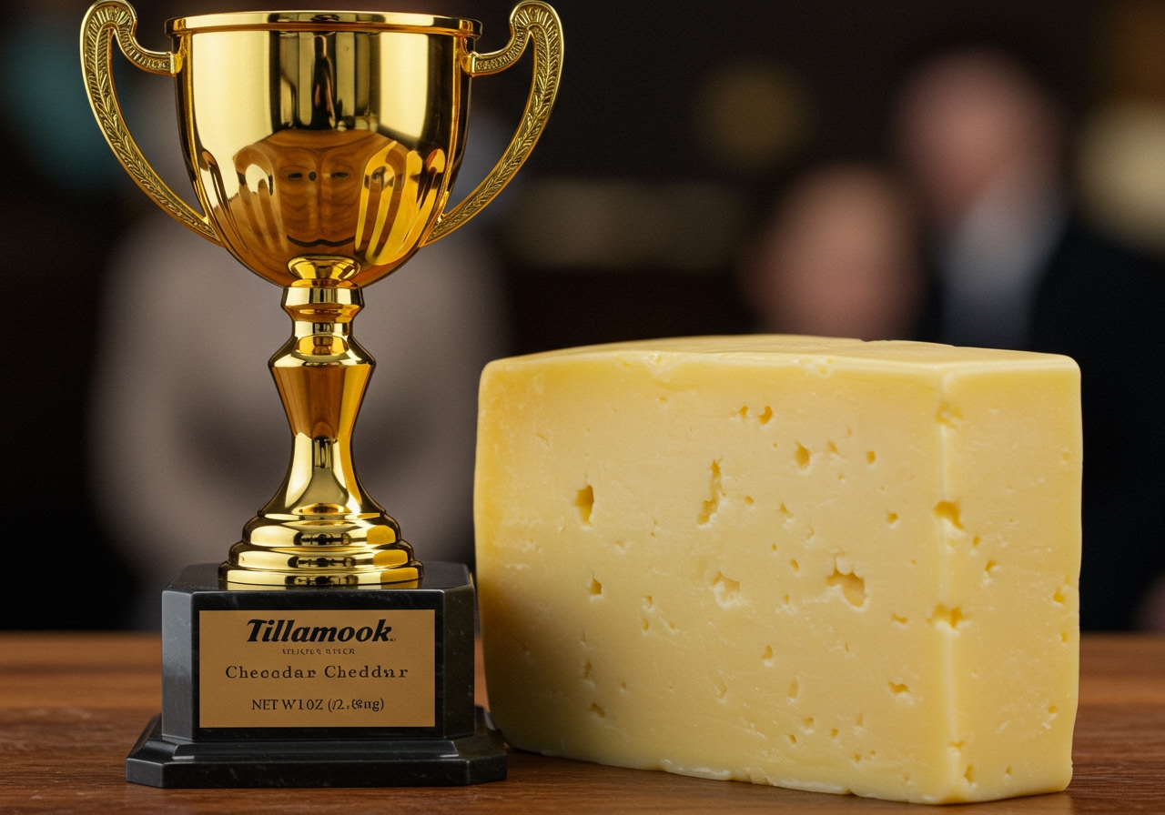 A trophy or medal being presented alongside a wedge of Tillamook Cheddar cheese, symbolizing the award win.