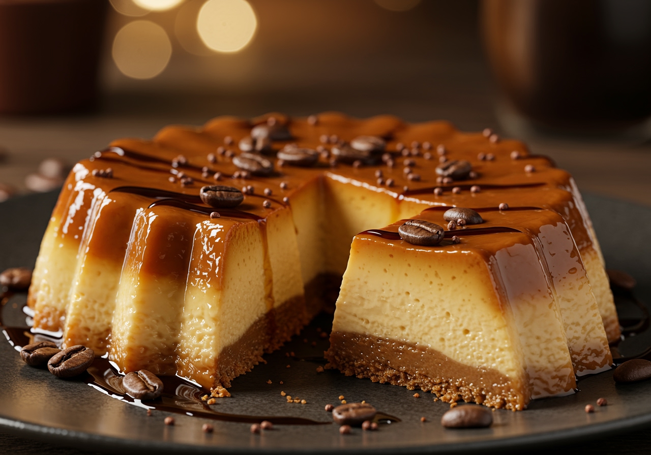 A variation of Banh Flan, perhaps coffee or pandan flavored, shown sliced or with additional toppings.