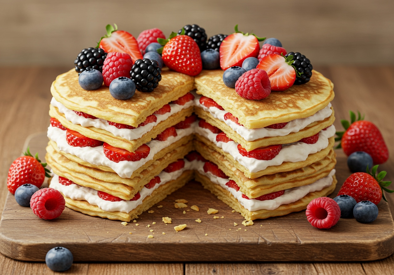 A variation of strawberry and cream cake, perhaps with different layers like crepes or pancakes, decorated with other berries.