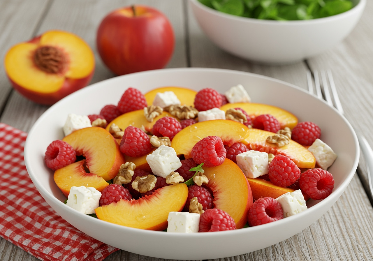 A variation of the peach and raspberry salad including feta cheese and chopped walnuts.