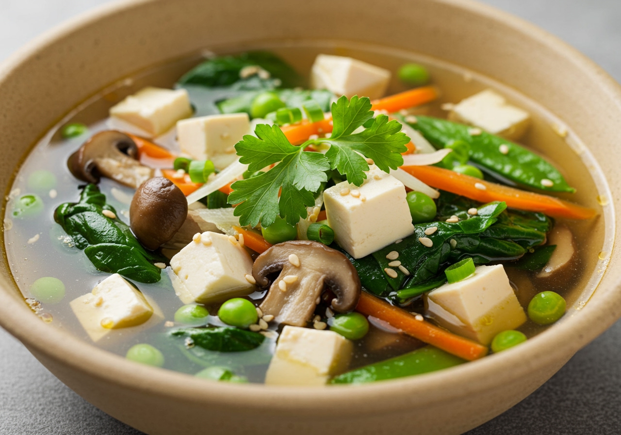 A variation of the soup with added soft tofu and different vegetables like mushrooms and spinach.