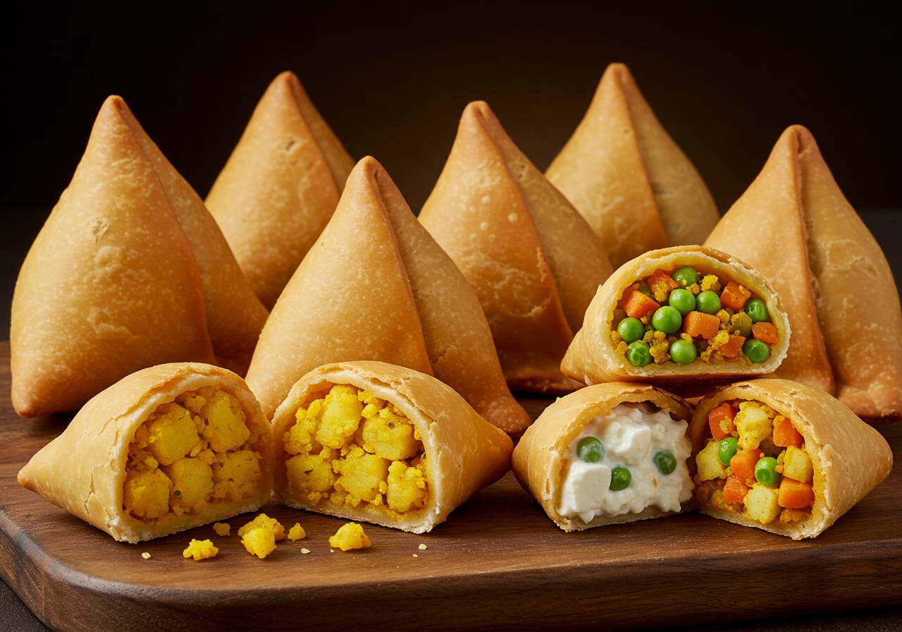 A variety of baked samosas with different fillings (visible from cross-sections or slightly open seams), such as potato, peas, paneer, and mixed vegetables.