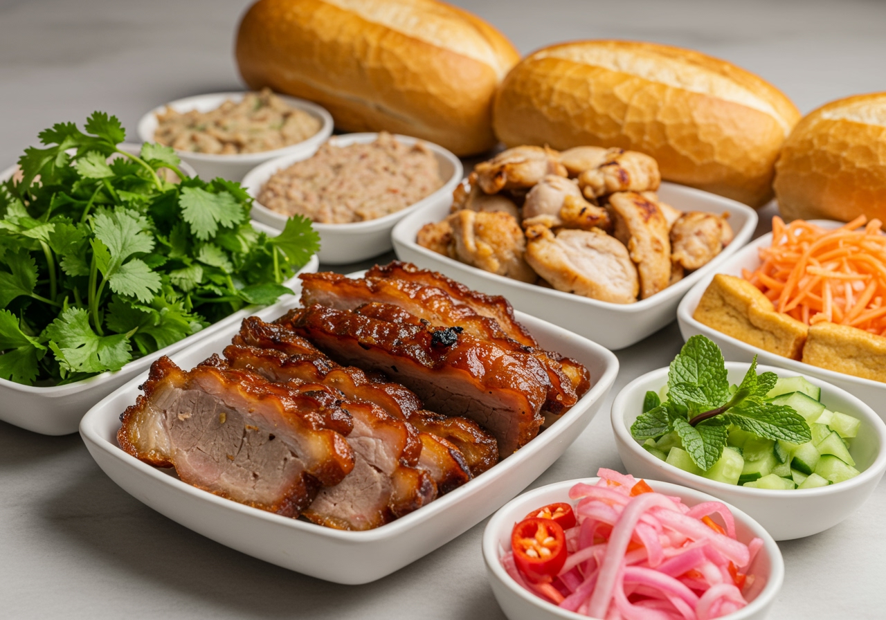 A variety of Banh Mi fillings displayed in small bowls: roasted pork, grilled chicken, tofu, pate, pickled vegetables, cilantro, mint, chili peppers.
