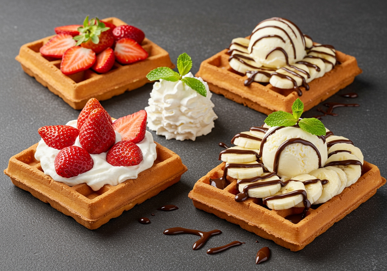A variety of Belgian waffles with different toppings: one with fresh strawberries and whipped cream, another with chocolate sauce and sliced bananas, and a third with a scoop of vanilla ice cream and a sprig of mint.