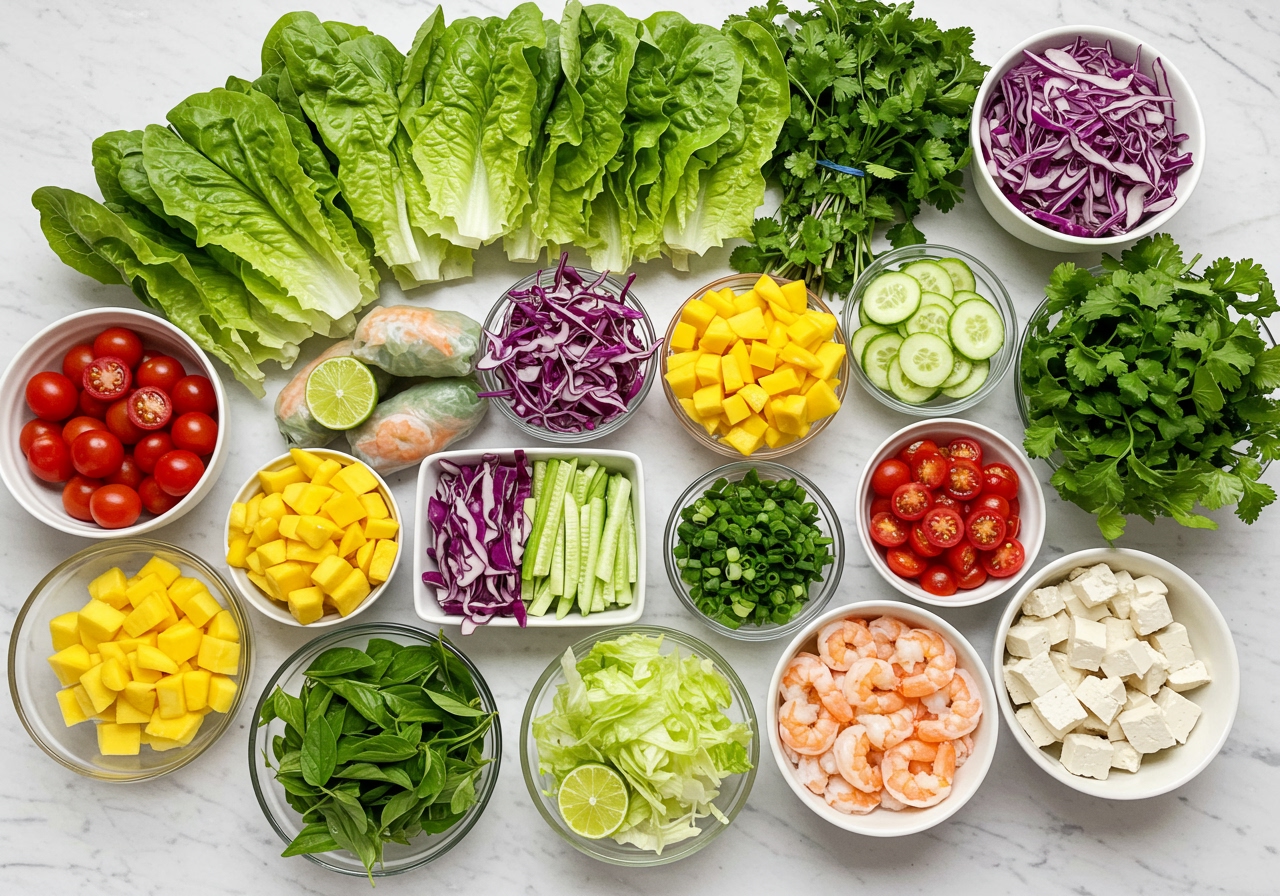 A variety of colorful ingredients laid out for making diverse spring rolls: different types of lettuce, shredded vegetables, sliced fruits like mango, various protein options (tofu, chicken, shrimp), and an assortment of fresh herbs.