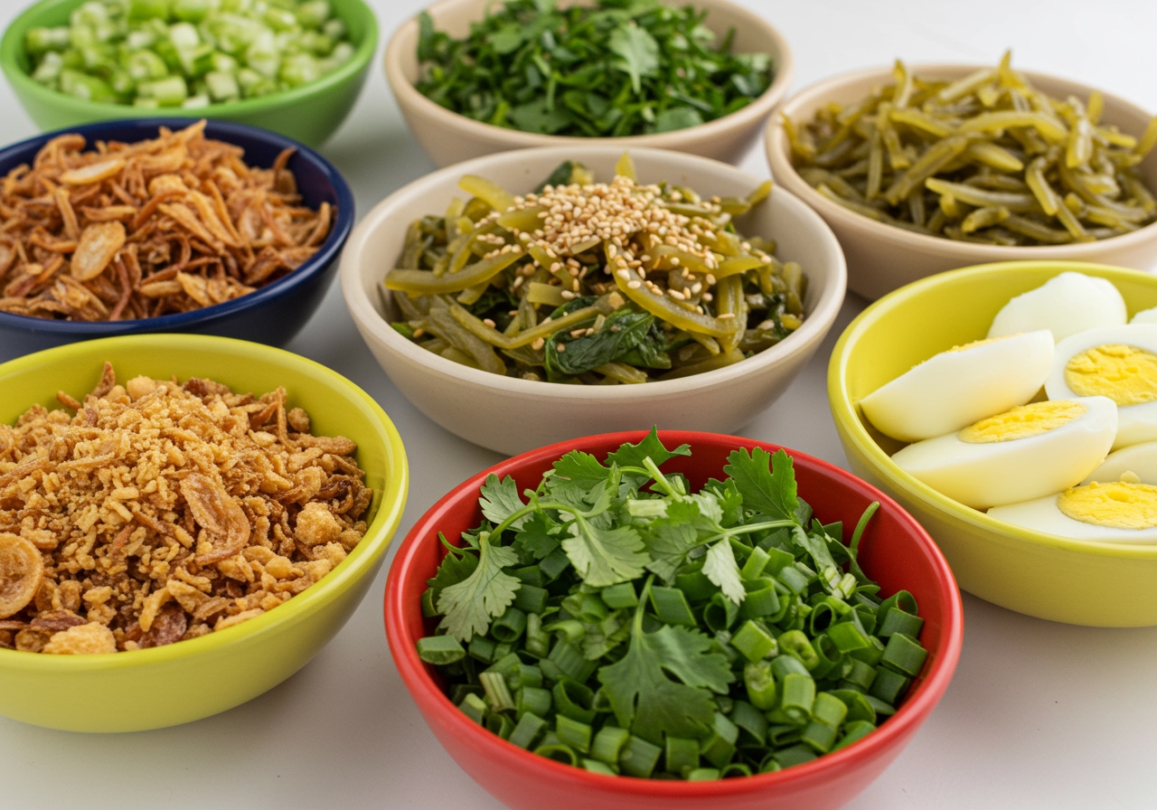 A variety of colorful toppings for the cold Mohinga-style dish in small bowls.