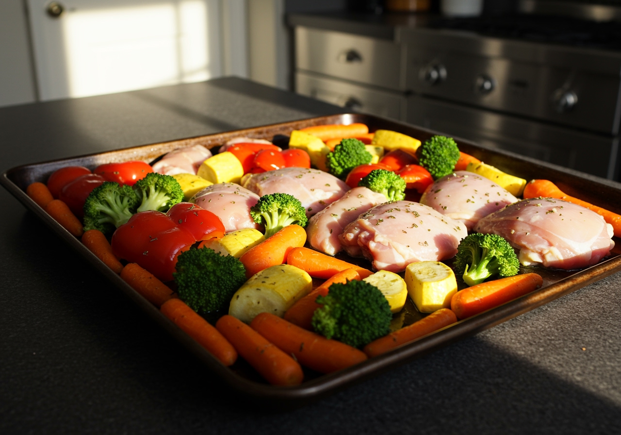 A variety of colorful vegetables and chicken pieces arranged neatly on a sheet pan, ready for roasting. The background shows a modern kitchen counter.