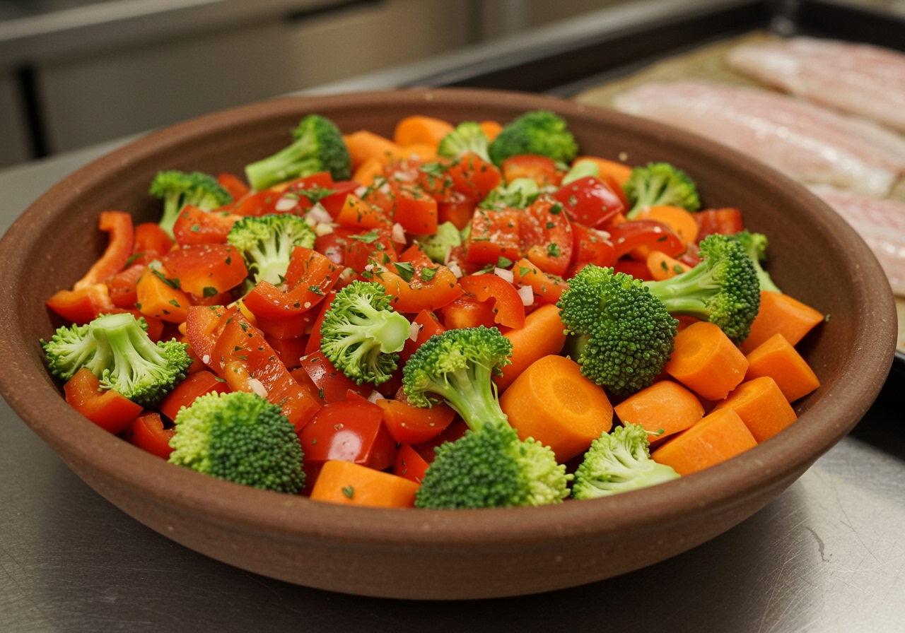 A variety of colorful vegetables neatly chopped and seasoned in a large bowl, ready to be placed on a sheet pan with fish.