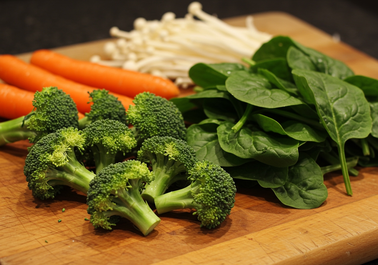 A variety of colourful vegetables (broccoli, spinach, mushrooms) ready to be added to a gratin.