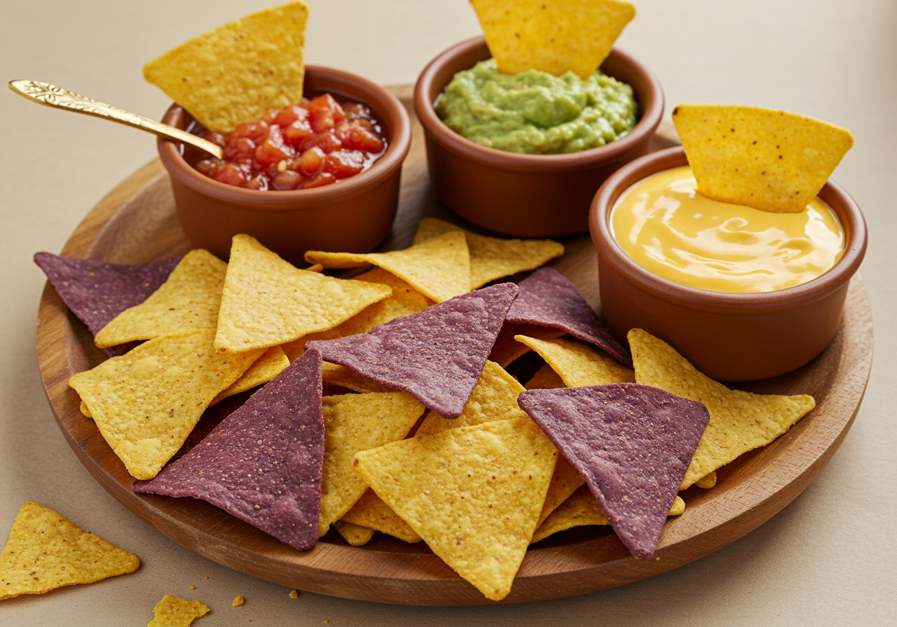 A variety of corn chips presented with different dips like salsa, guacamole, and cheese dip