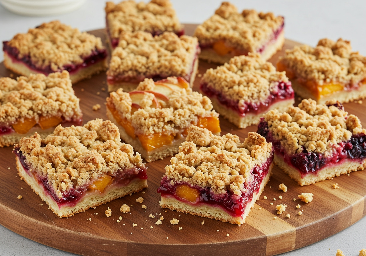 A variety of crumble bars with different fruit fillings (e.g., apple, peach, mixed berry) arranged on a platter.