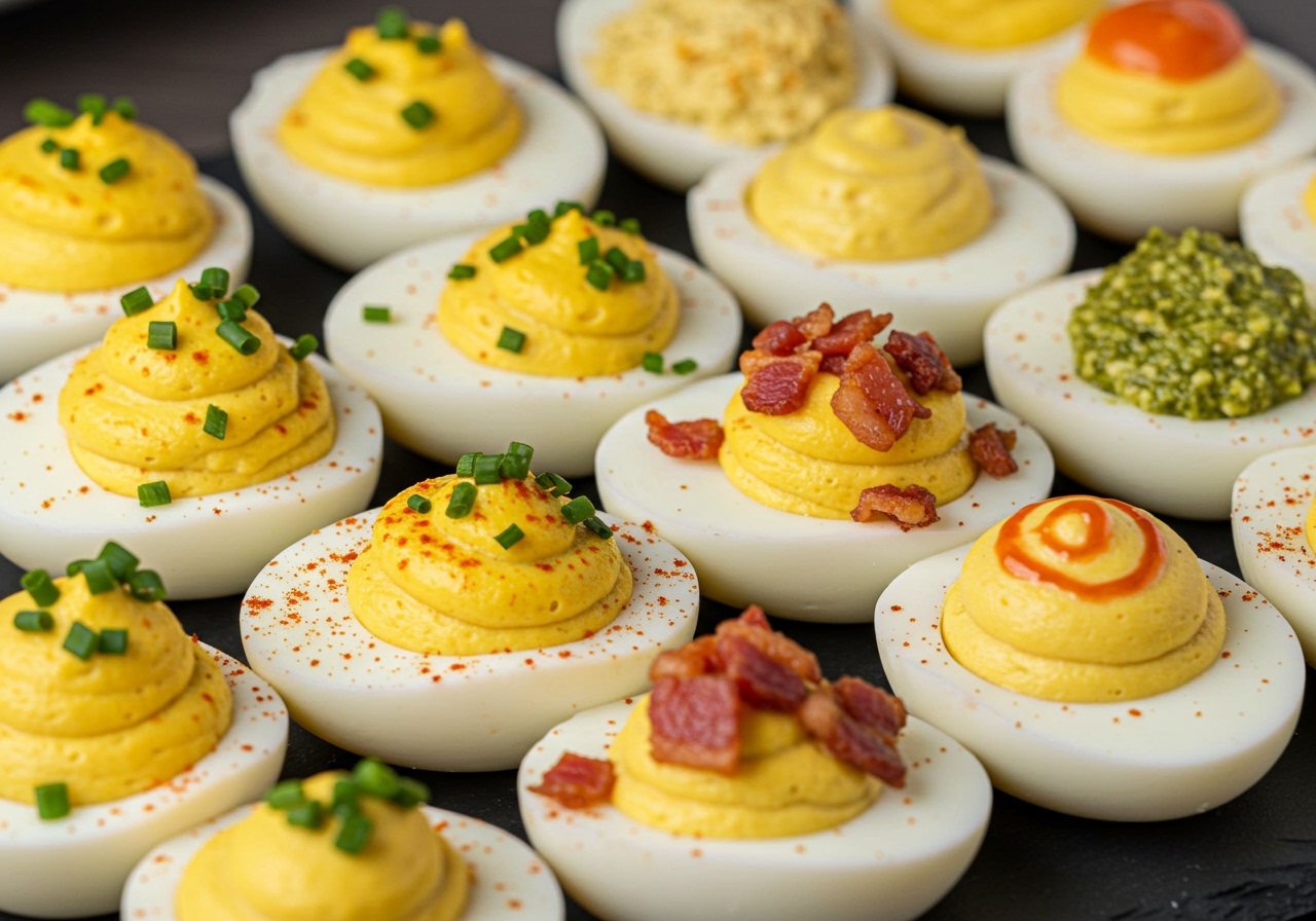 A variety of deviled eggs with different toppings like paprika, chives, and bacon bits, showcasing creative variations.