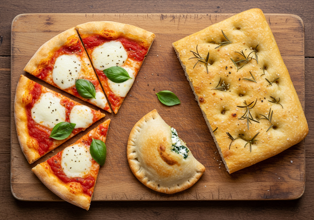 A variety of dishes made from pizza dough: a classic pizza slice, a piece of focaccia, and a mini calzone