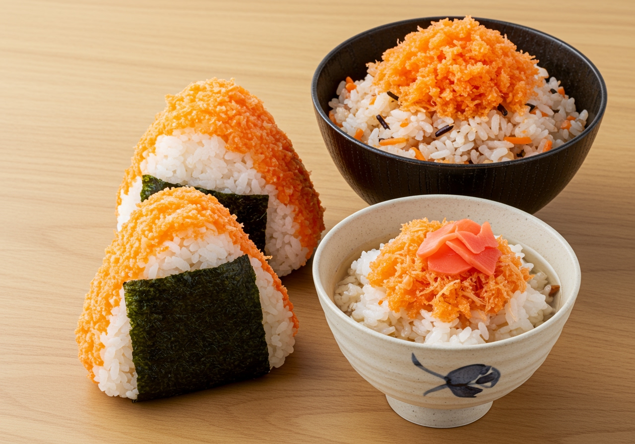 A variety of dishes made with salmon flakes: salmon flake onigiri, a bowl of mixed rice with salmon flakes, a small bowl of chazuke.