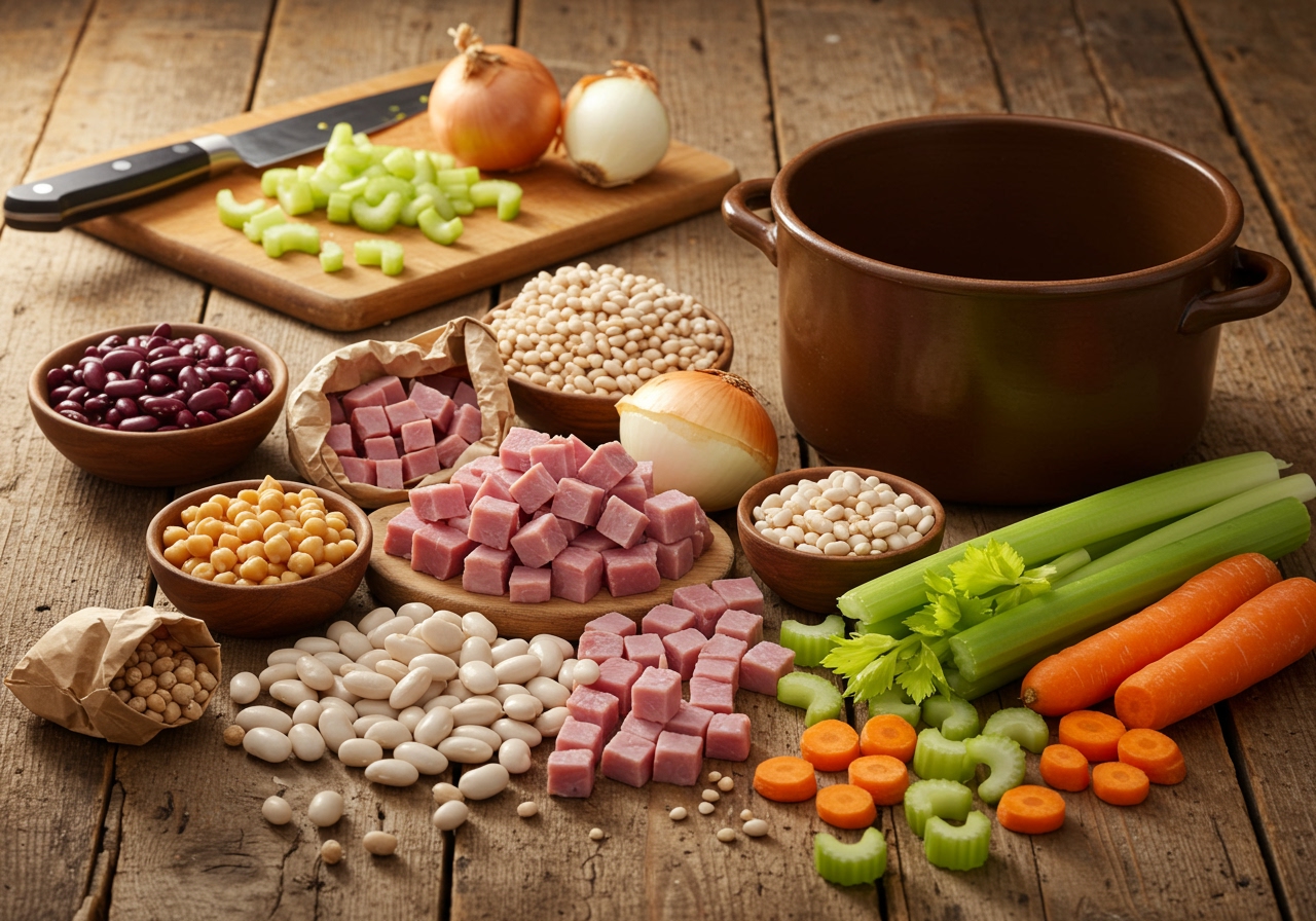 A variety of dried and canned beans (white, kidney, chickpea), cubed ham, chopped carrots, celery, and onion laid out on a wooden table, ready for soup making.