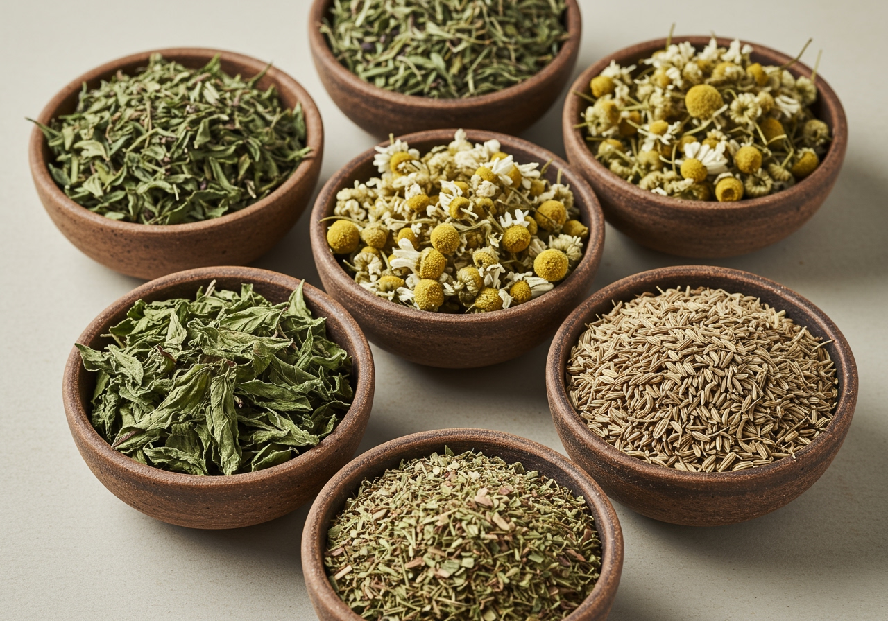 A variety of dried herbs including peppermint, chamomile flowers, and fennel seeds in small bowls