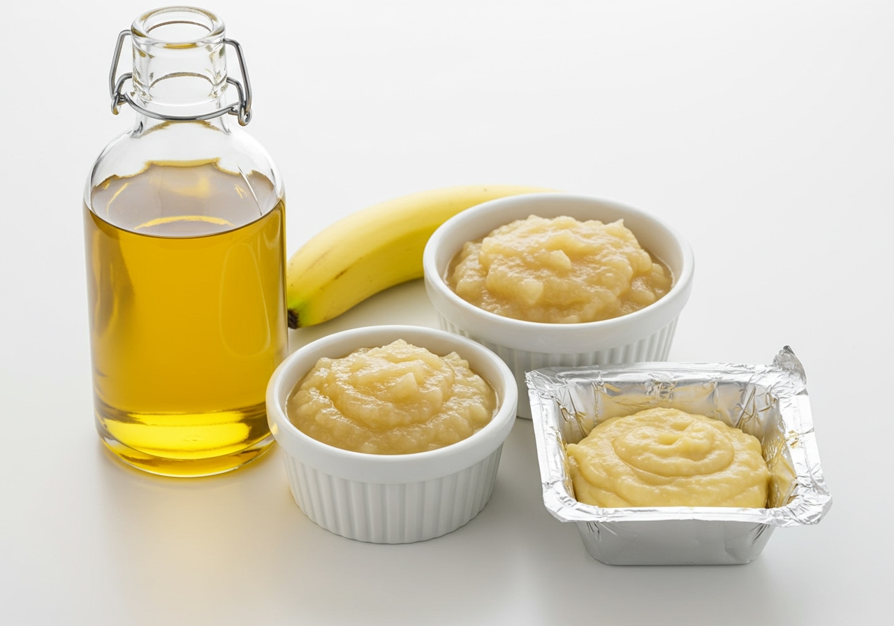 A variety of fat substitutes for baking, including a bottle of vegetable oil, a bowl of applesauce, mashed banana, and plant-based butter.