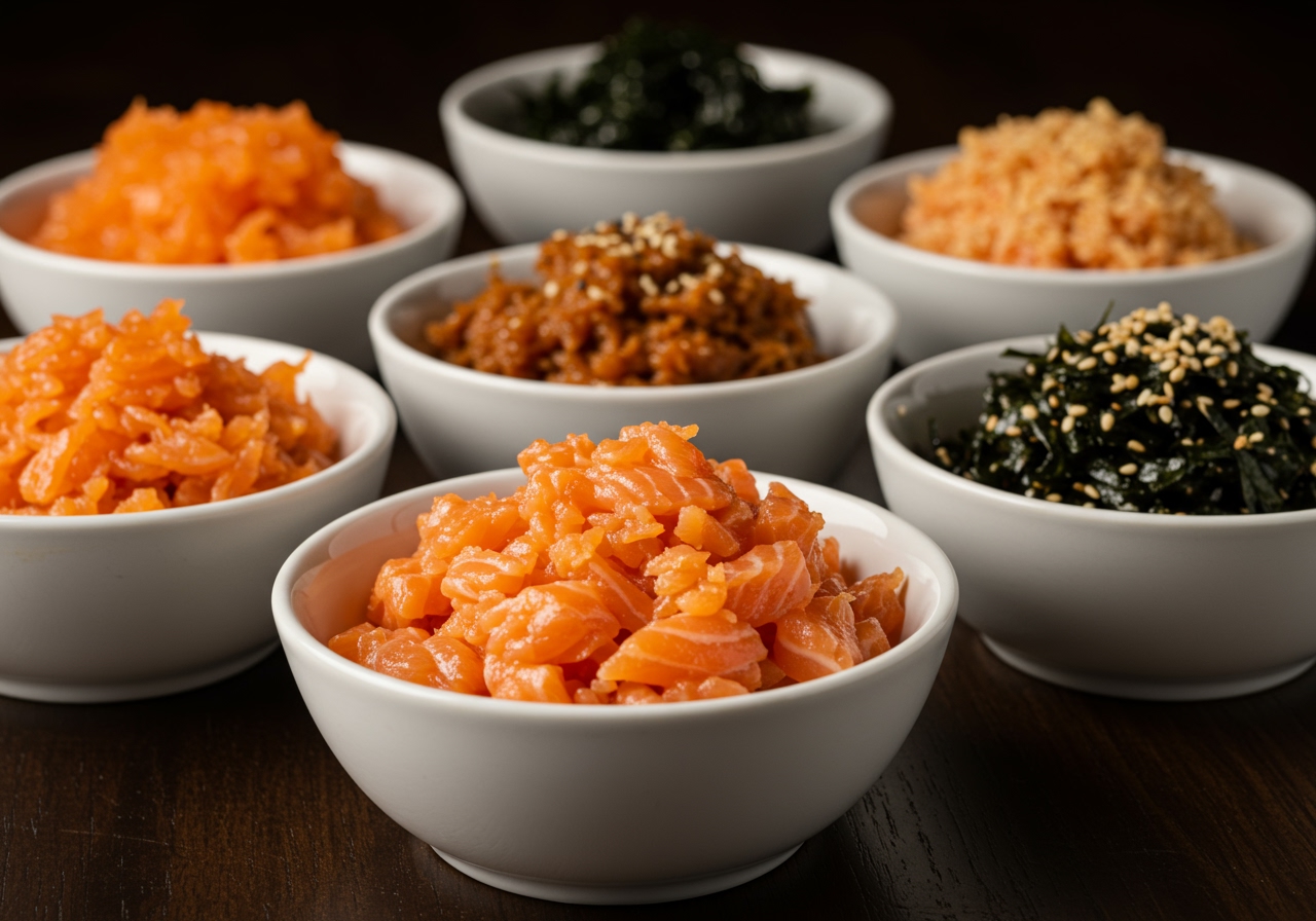 A variety of finished salmon flakes with different seasonings in small bowls (e.g., plain, miso, soy sauce based).