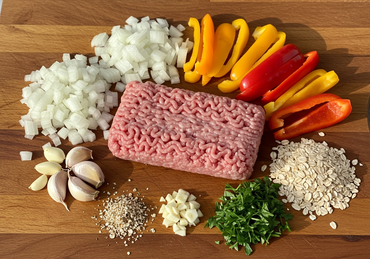 A variety of fresh, healthy ingredients for meatloaf, including lean ground turkey, colorful bell peppers, onions, garlic, rolled oats, and herbs, neatly arranged on a wooden cutting board.