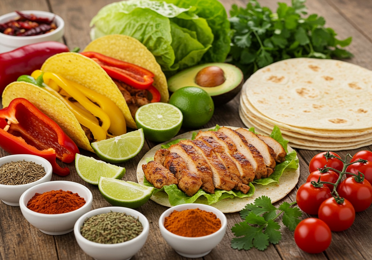 A variety of fresh ingredients for healthy tacos laid out on a wooden table, including vegetables, lean protein, corn tortillas, and spices