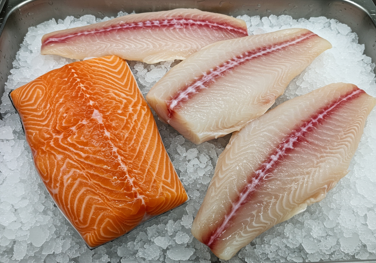 A variety of fresh, low-purine fish fillets (salmon, cod, snapper) on ice, ready for cooking.