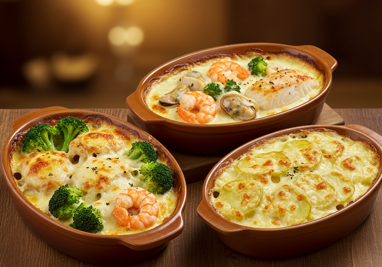 A variety of gratin dishes with different toppings and fillings: one with broccoli and chicken, another with seafood, and a third with potato slices.