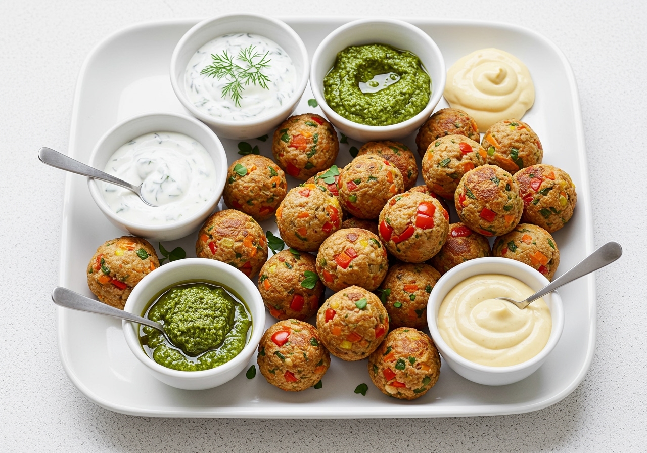 A variety of healthy ham balls with different ingredients visible (e.g., carrots, herbs) served with different light dipping sauces.