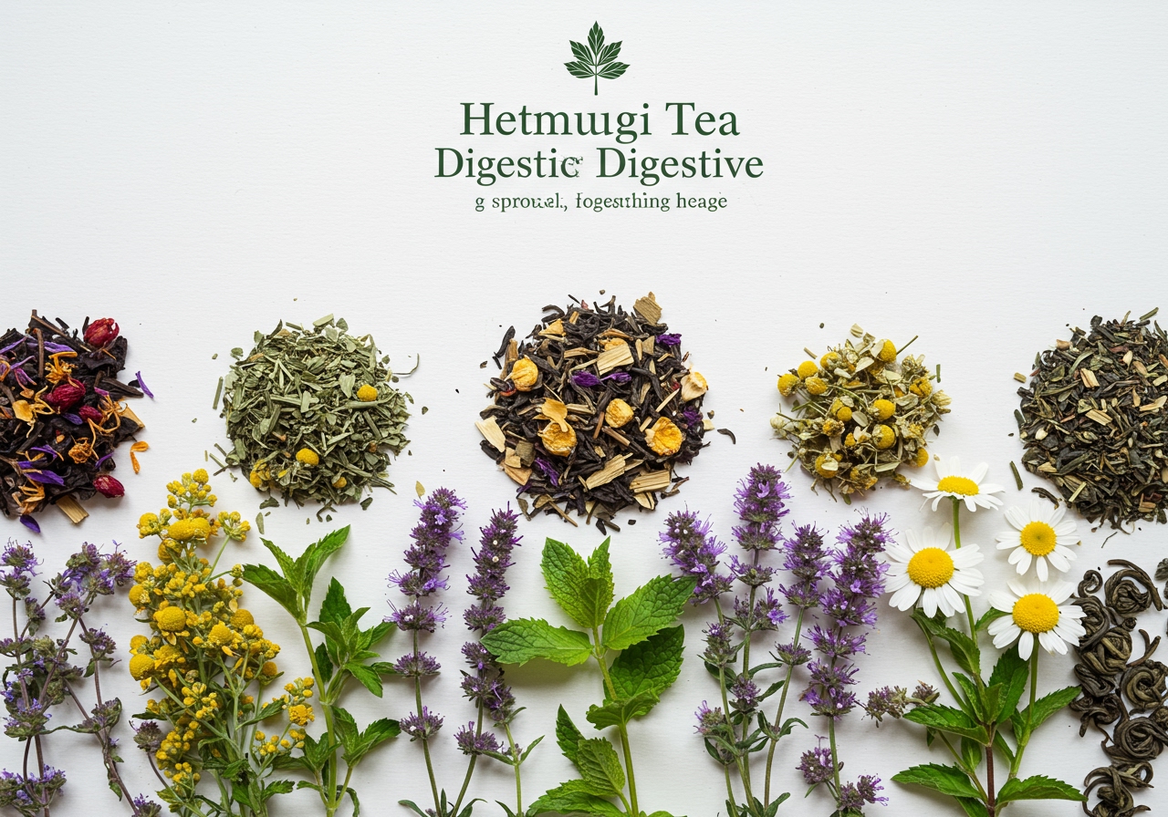 A variety of herbal teas (Hatomugi, Mint, Chamomile) displayed side-by-side, suggesting options for digestive health.