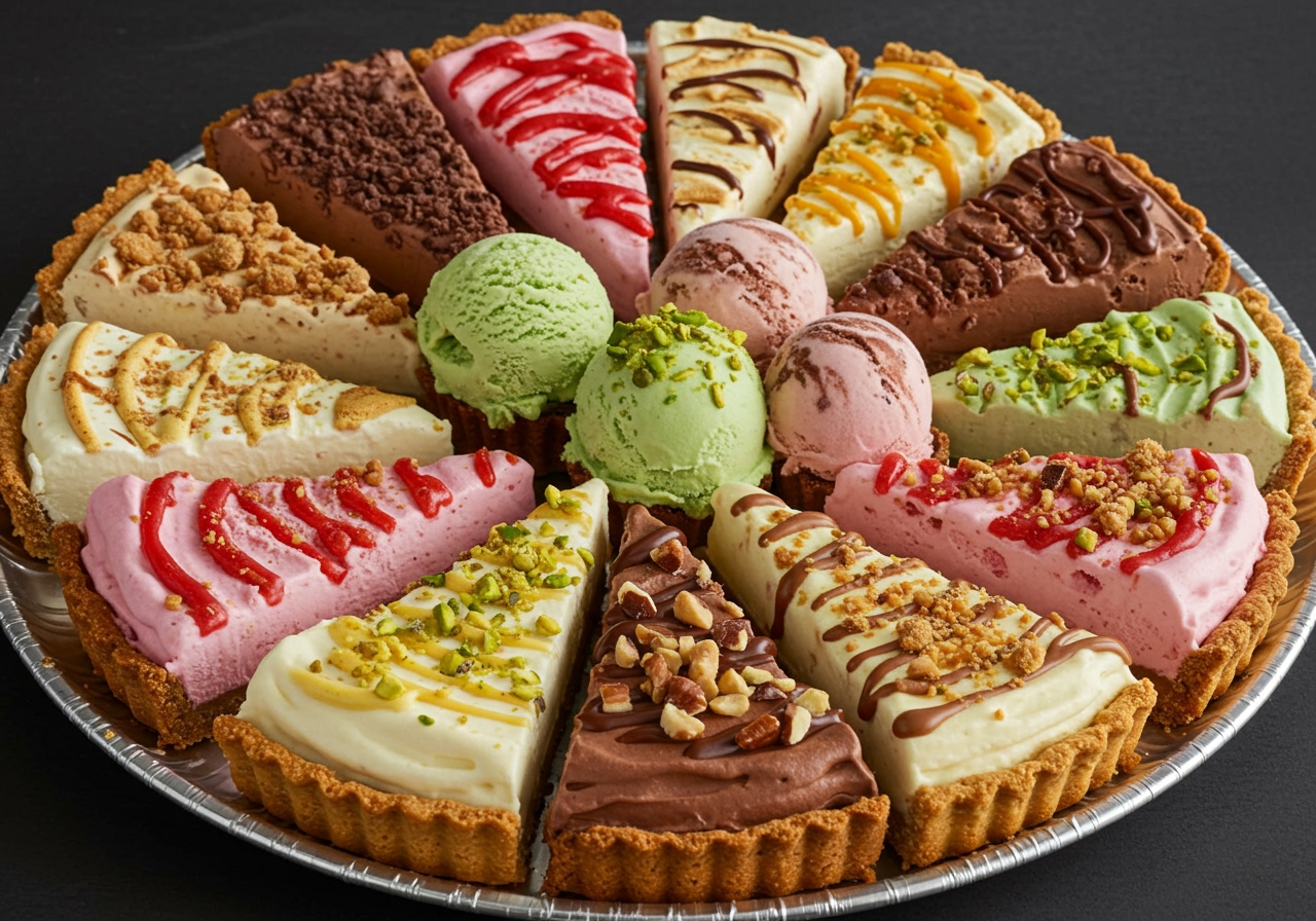 A variety of individual ice cream pie slices arranged on a platter, showcasing different colours, crusts, and toppings.