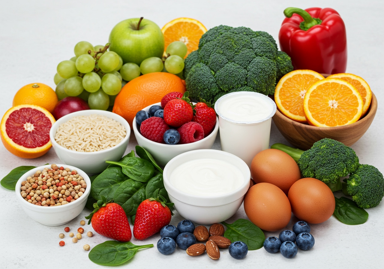 A variety of low-purine foods displayed together: fruits, vegetables, rice, eggs, low-fat dairy.