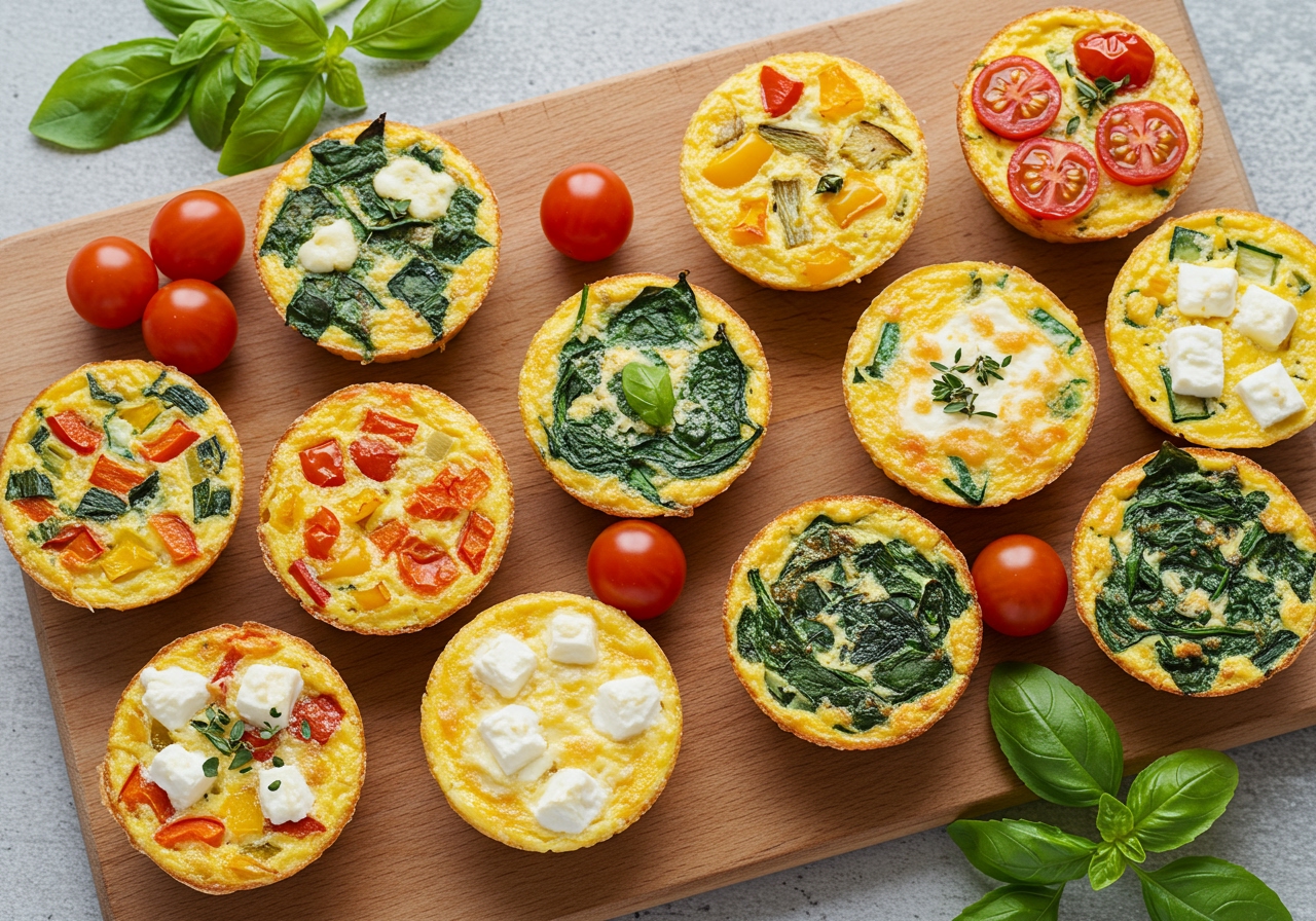 A variety of mini frittatas arranged on a wooden cutting board, showcasing different toppings and vegetables like bell peppers, spinach, cherry tomatoes, and various cheeses. Fresh herbs are scattered around.