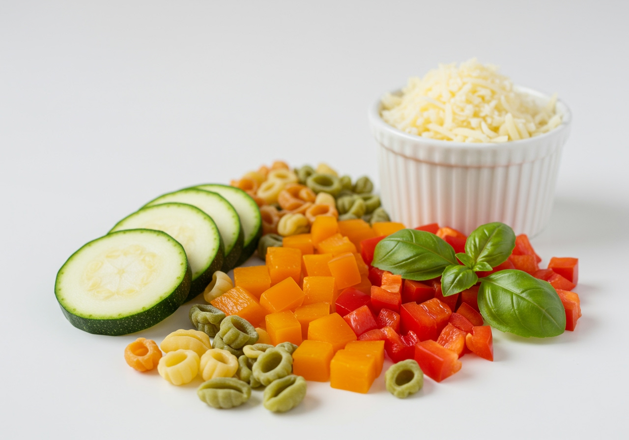 A variety of optional ingredients displayed: zucchini slices, bell pepper chunks, small pasta shapes, fresh basil leaves, a container of grated cheese.