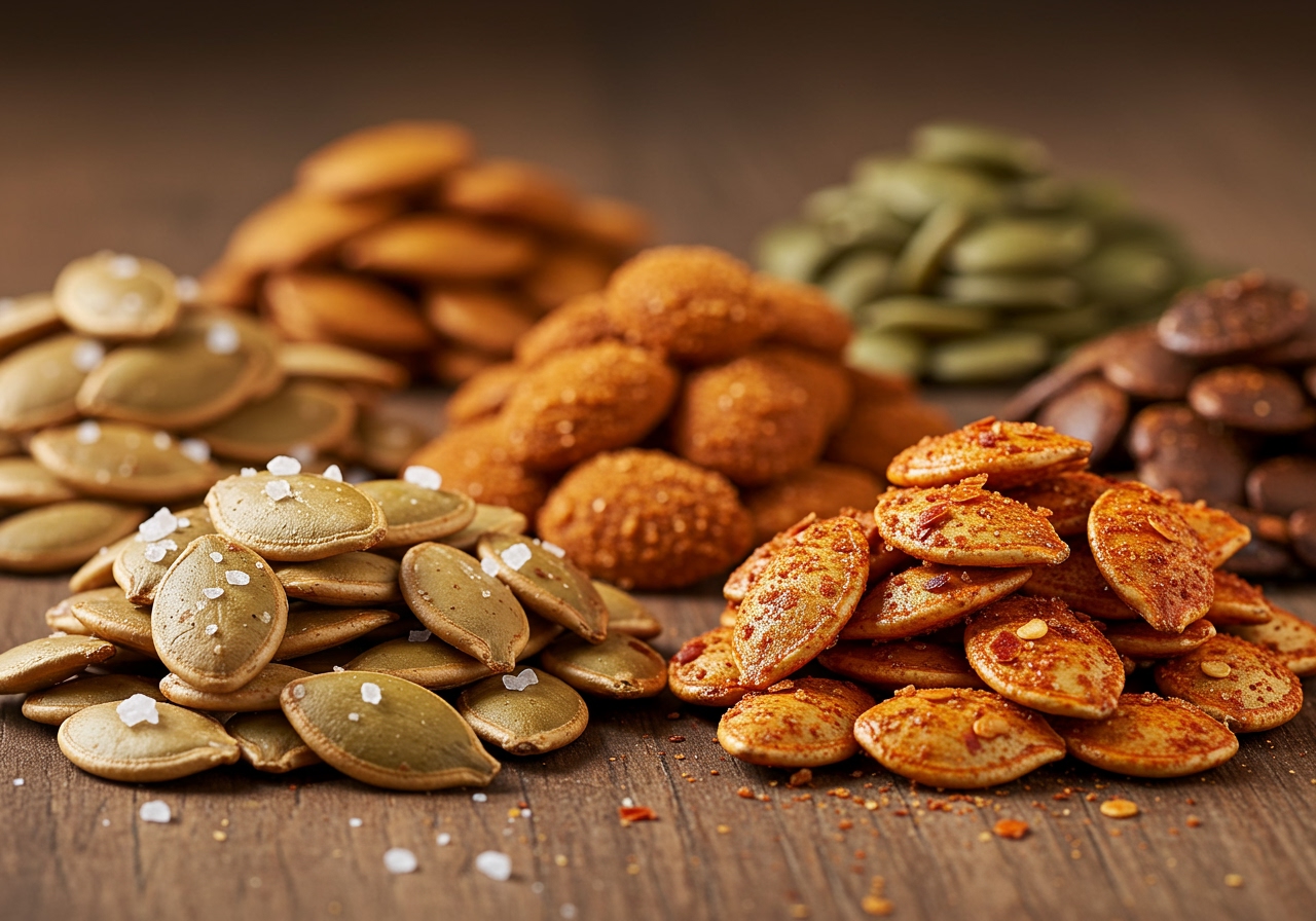 A variety of roasted pumpkin seeds with different seasonings (e.g., plain salt, cinnamon sugar, spicy)