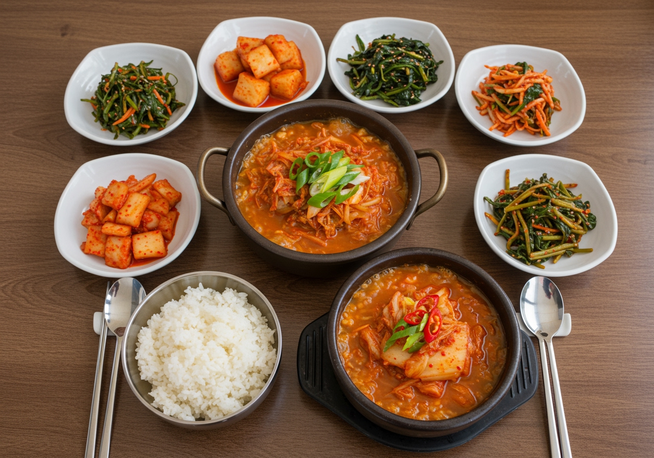 A variety of side dishes (banchan) like kimchi, pickled radish (kkakdugi), and seasoned vegetables (namul) arranged around a bowl of Kimchi Jjigae and a bowl of rice, depicting a typical Korean meal setup.