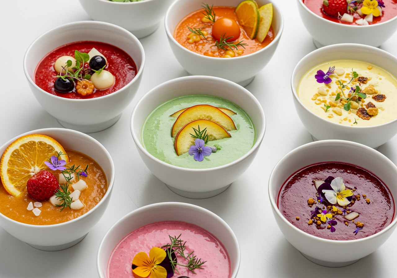 A variety of small bowls containing different colored cold dessert soups, each garnished uniquely with fruit slices, herbs, or edible flowers.