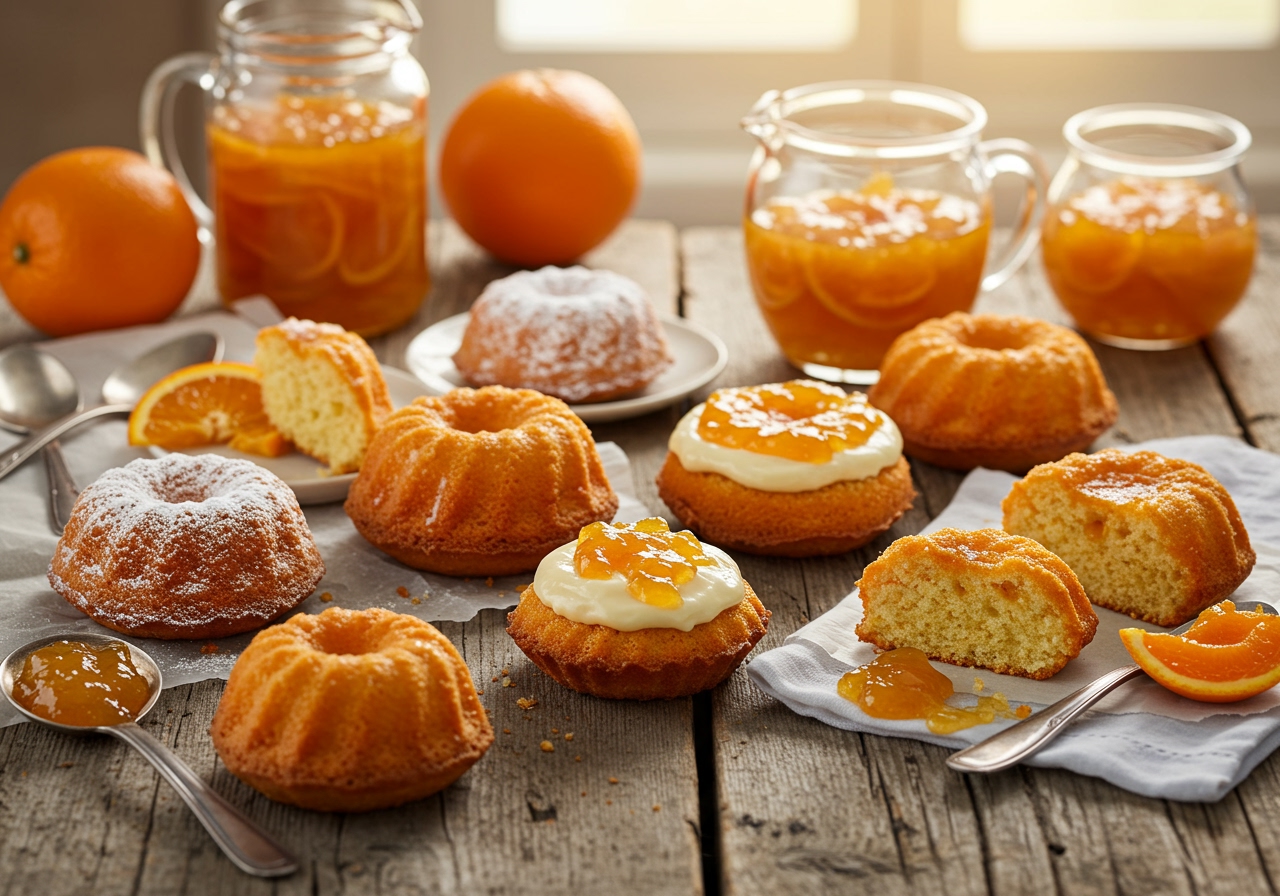 A variety of small orange marmalade cakes arranged on a table, some plain, some with glaze or powdered sugar, suggesting variations.
