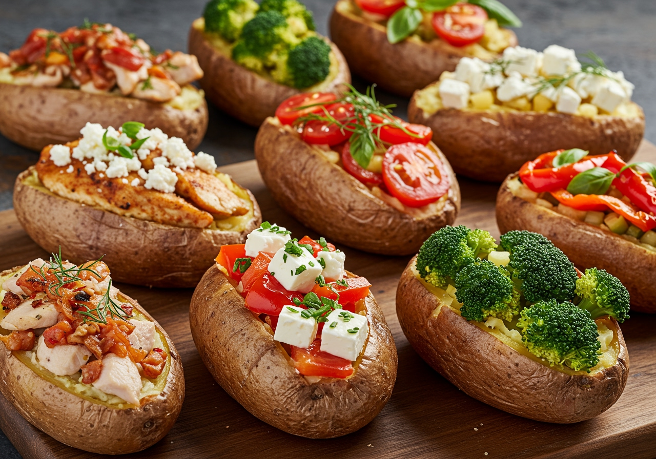 A variety of smoked potatoes with different healthy toppings, showcasing customization options. Some have lean protein, some have colorful vegetables, all looking appetizing and wholesome.