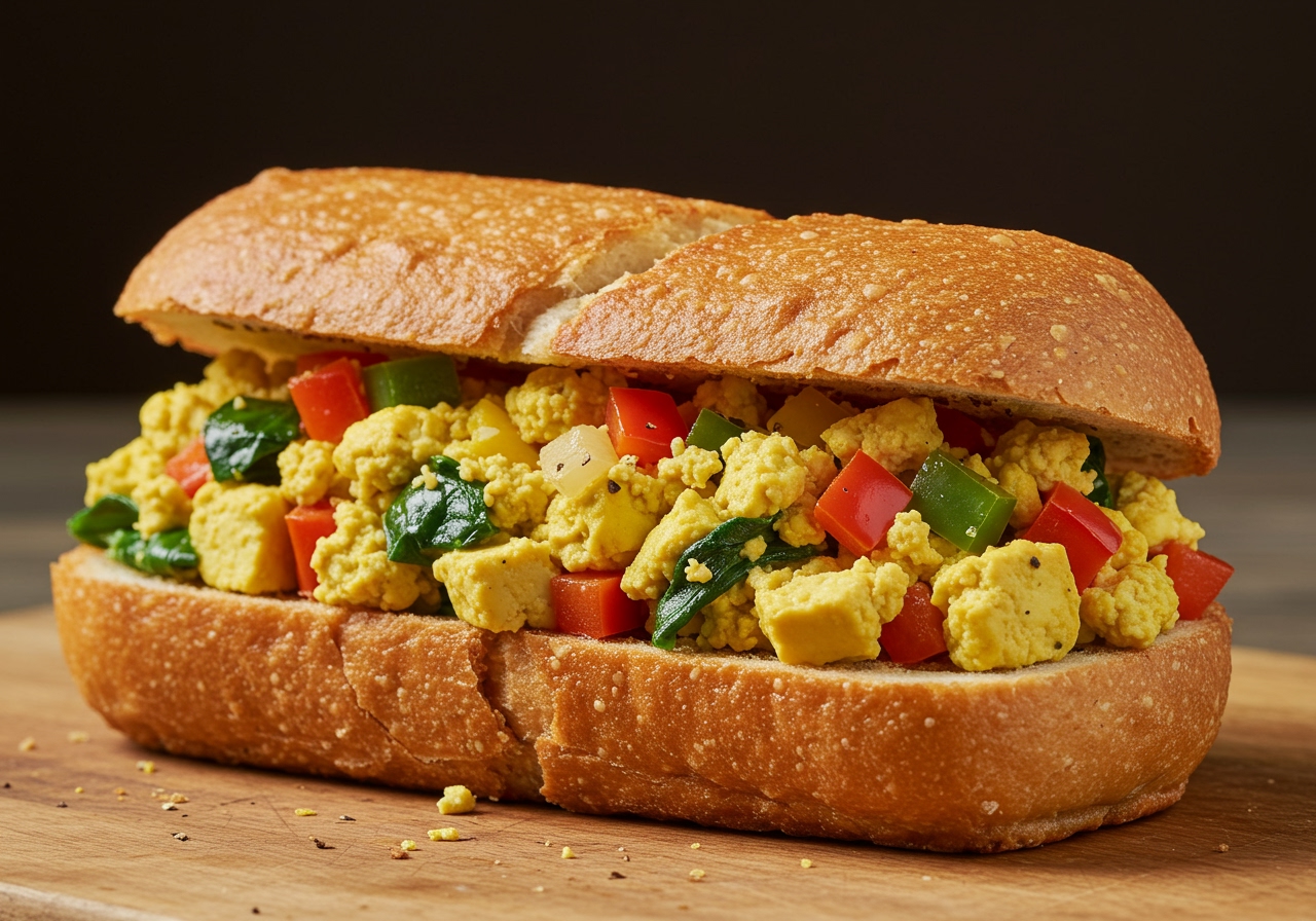 A vegan version of the brunch bread using tofu scramble and vegetables, looking just as appealing as the egg version.