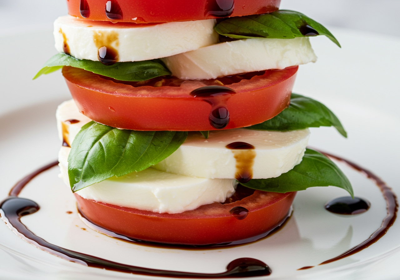 A vertical stack of tomato and mozzarella slices with basil leaves in between, drizzled with balsamic glaze.