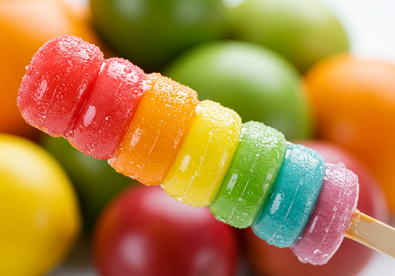 A vibrant and appealing close-up of aヘルシーレインボー スムージーポップ, showing distinct colorful layers (red, orange, yellow, green, blue/purple) on a stick, glistening with condensation, against a soft-focus background of fresh fruits. The image should evoke freshness and deliciousness.