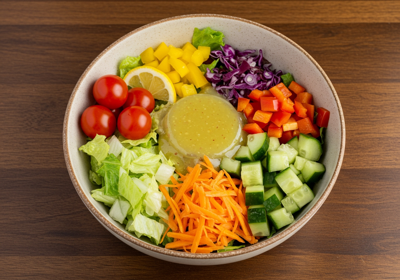 A vibrant and appealing quick lunch salad bowl, showing pre-chopped ingredients and a healthy dressing, illustrating an easy meal assembly.