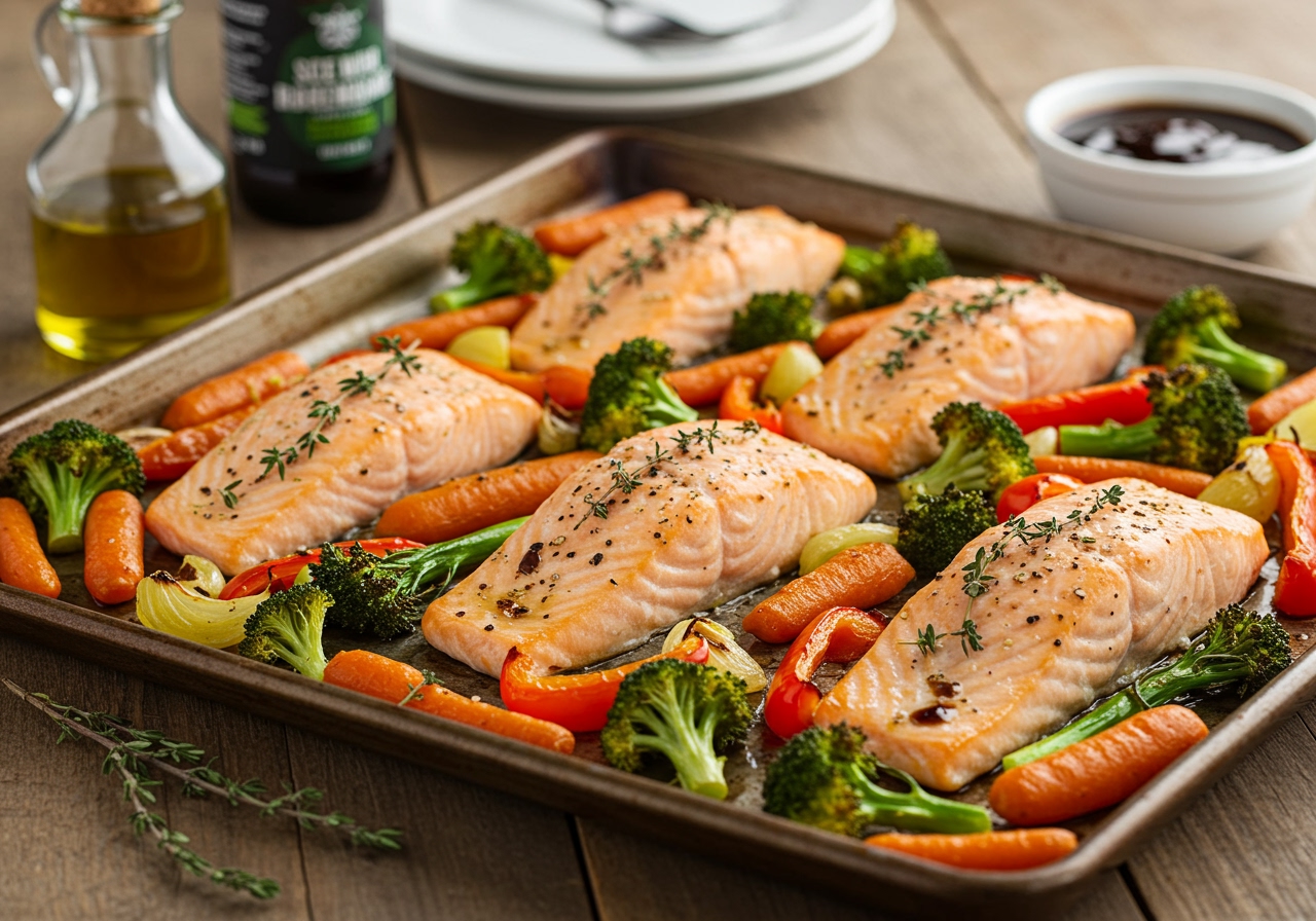 A vibrant and appetizing sheet pan dinner spread out on a table, showing variety and abundance, ready to be served.