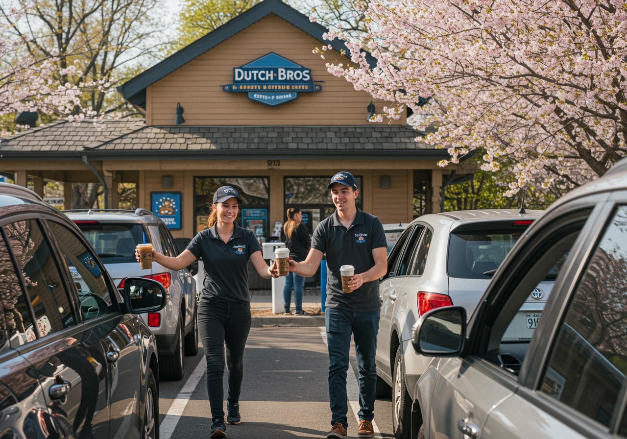 A vibrant and bustling Dutch Bros drive-thru, with smiling baristas handing drinks to customers in cars. The scene is set in spring, with cherry blossoms and green foliage in the background.